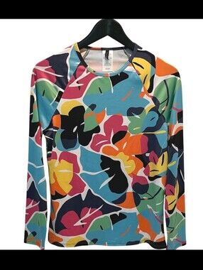 Nautica L Women's Rash Guard Long Sleeve Tropical Orange Pink Green Vacation